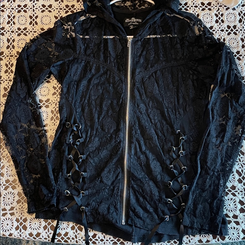 Royal Bones Black Floral Lace Zip Hoodie with Side Lace-Up - Picture 11 of 12